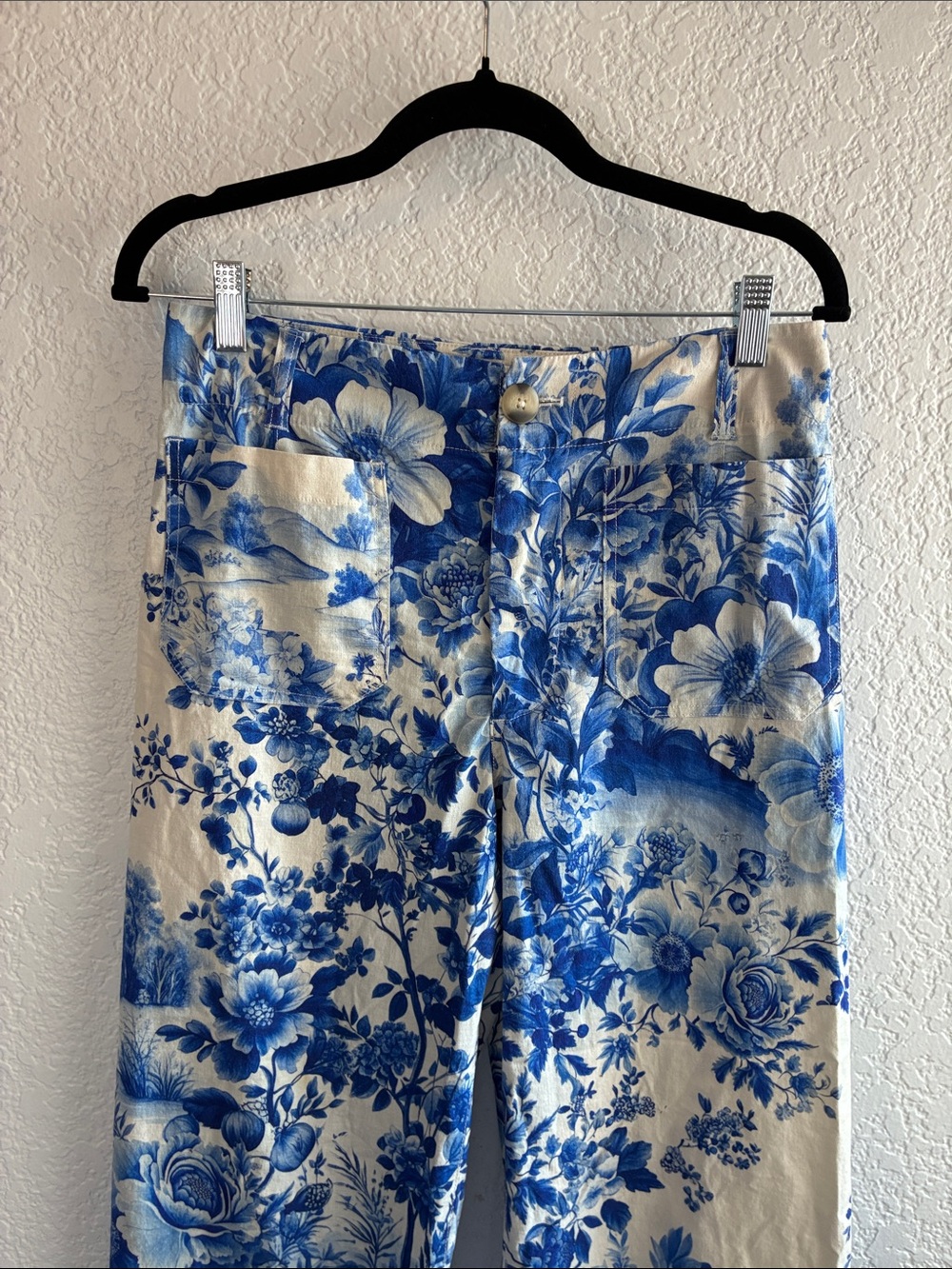 Maeve Colette Linen Wide Leg Cropped Pants Blue Floral Toile Anthropologie 27 - Picture 5 of 10